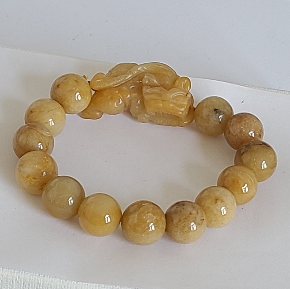 Vintage Yellow Jade Dragon Beaded Stretch Traditional Chinese Boho Bracelet